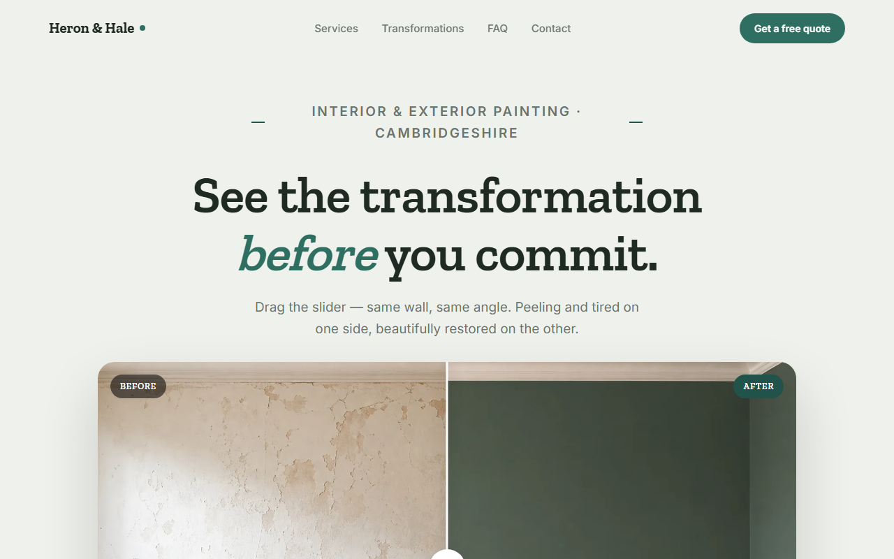 Heron & Hale Decorating website — hero section