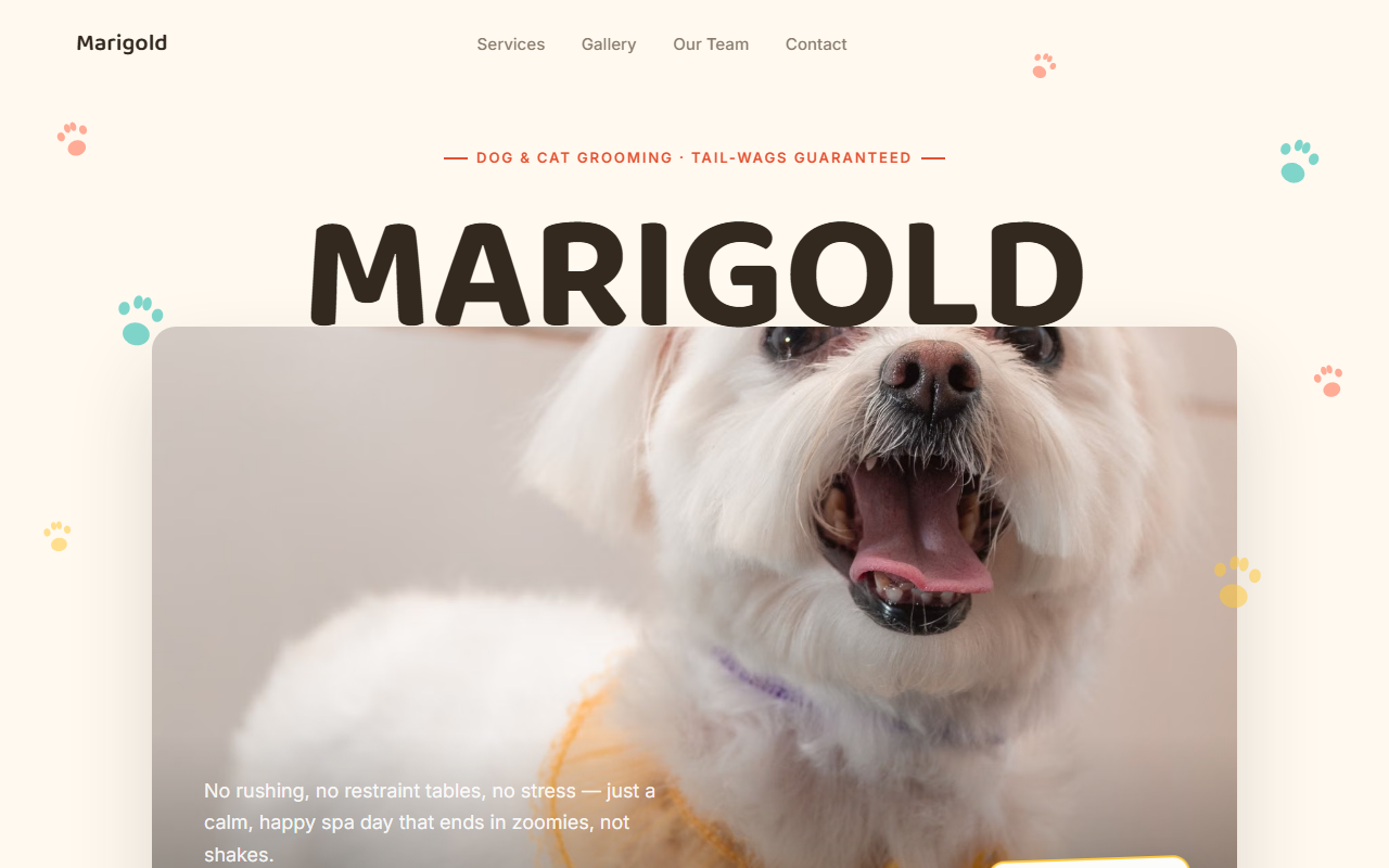 Marigold Grooming Studio website — hero section