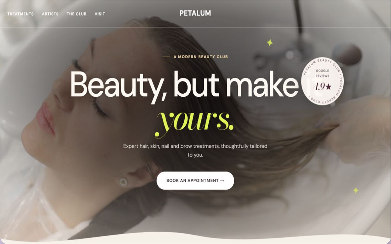 Petalum Beauty Club website — hero section