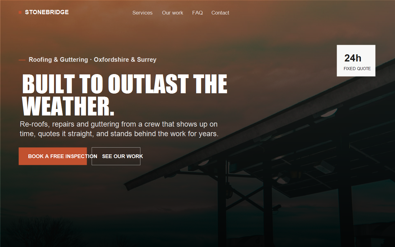 Stonebridge Roofing Co. website — hero section