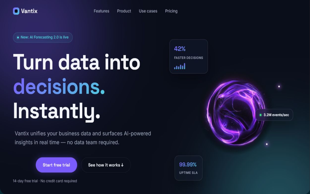 Vantix website — hero section